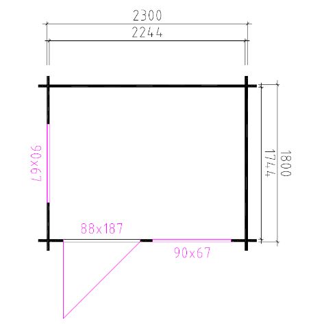 Blokhut 28mm | 230 x 180cm Zadeldak | compleet geleverd