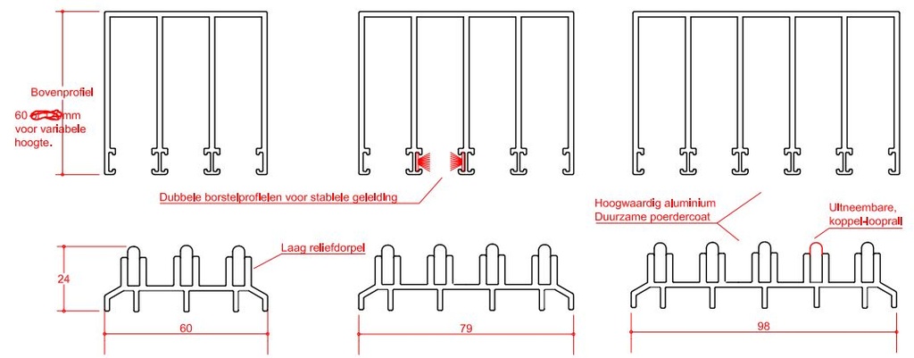 Basic glazen schuifwand | 3 rail | breedte 186 t/m 288cm