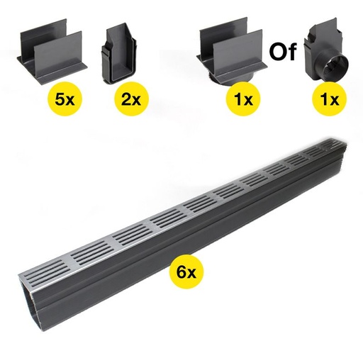 Drain Design lijngoot starterspakket | 65x100x1000mm | alu grijs rooster